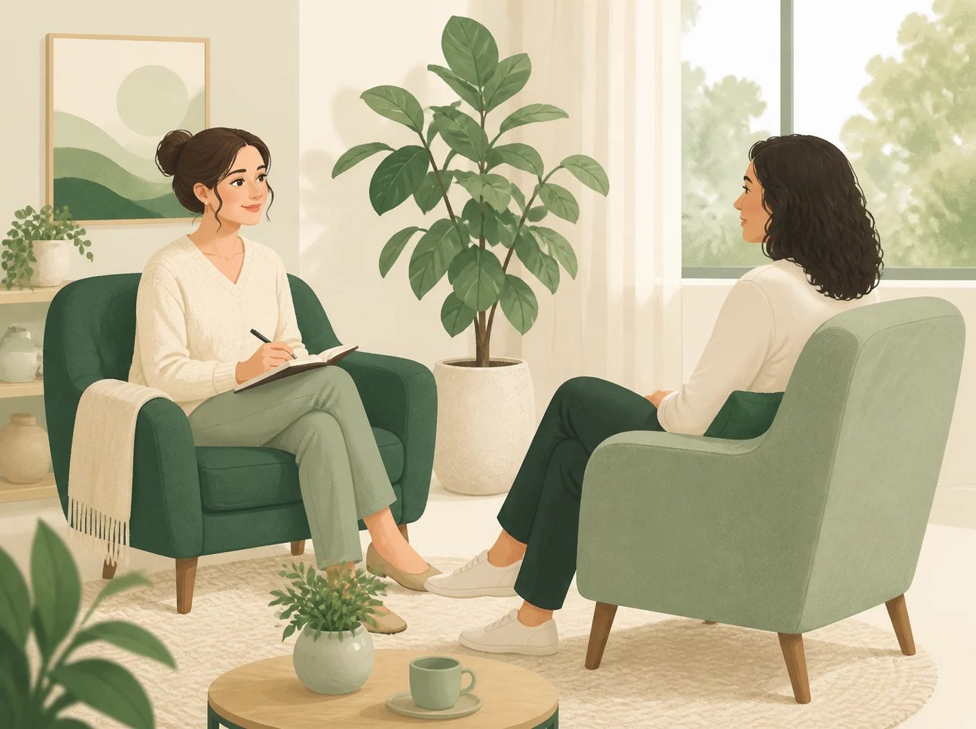 Ilustración: una consejera conversa con una persona en una sala tranquila con plantas